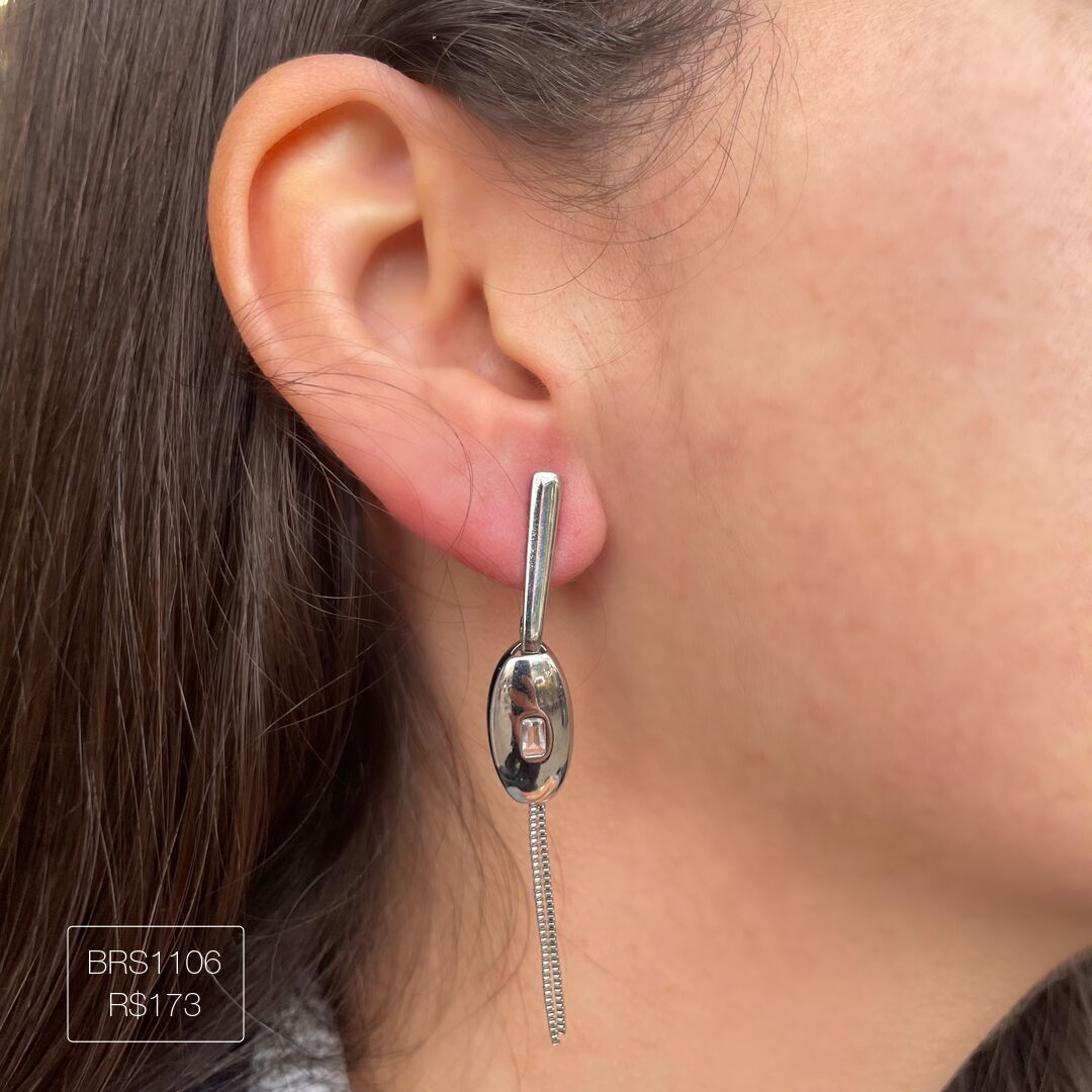 Brinco Oval Com Pendente Fios Esplendor Prateado